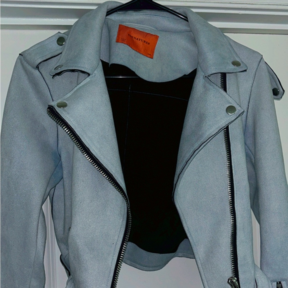 Blush Blue Suede Biker Jacket